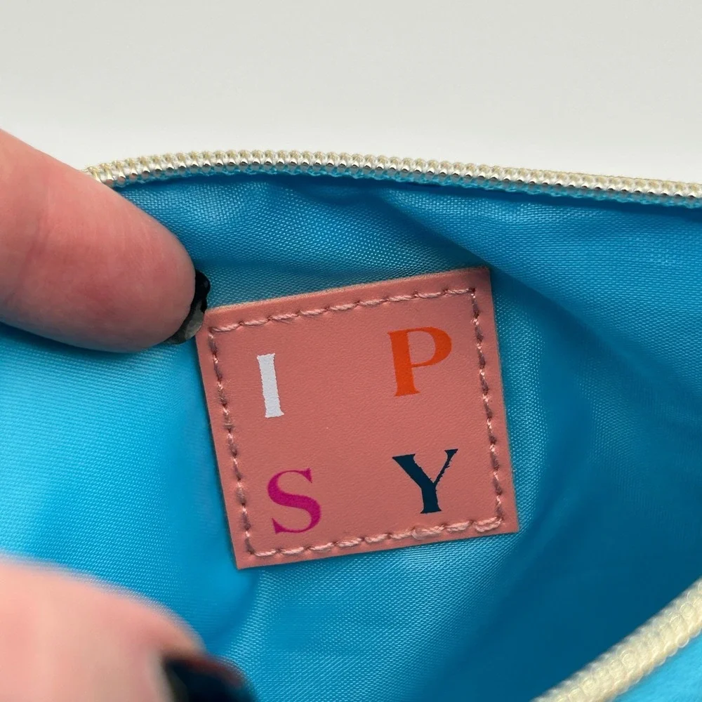 IPSY Stay Golden Cosmetic Makeup Pouch Gold Turquoise Sun Zipper Charm Travel